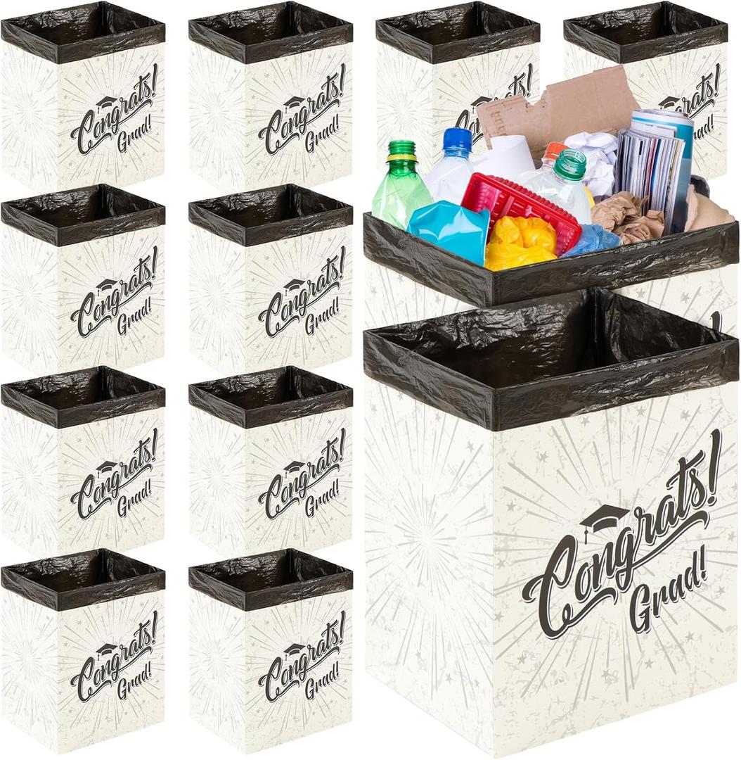 12 Pcs Graduation 13 Gallon Disposable Trash Cans Graduation Trash Bins with 15 Pcs Garbage Bag 1 Roll Double Sided Tape Graduation Disposable Garbage Can for Graduation Party