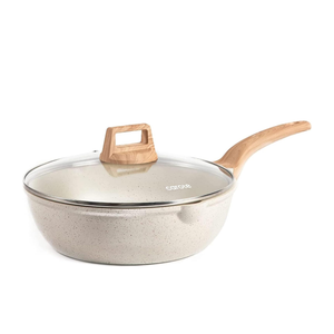 CAROTE 12Inch Nonstick Deep Frying Pan with Lid, 5.5 Qt Jumbo Cooker Saute Pan with Pour Spout, Skillet Induction Cookware, Non Stick Cooking Pan Kitchen Pan PFOA Free, White Granite