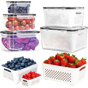 PRAKI 5-Pack Large Fruit Storage Containers for Fridge with Removable Colander, 2 in 1 Produce Storage Containers, BPA-Free Fridge Organizers and Storage Keep Fruits, Vegetables, Berry Fresh Longer