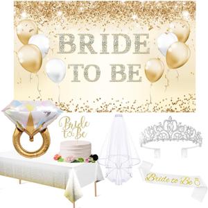 Trgowaul Bachelorette Party Decorations for Women, Gold Bride to Be Banner, Bridal Shower Tiara, Bride to Be Sash&Veil, Bride to Be Cake Topper Bridal Shower Party Decoration