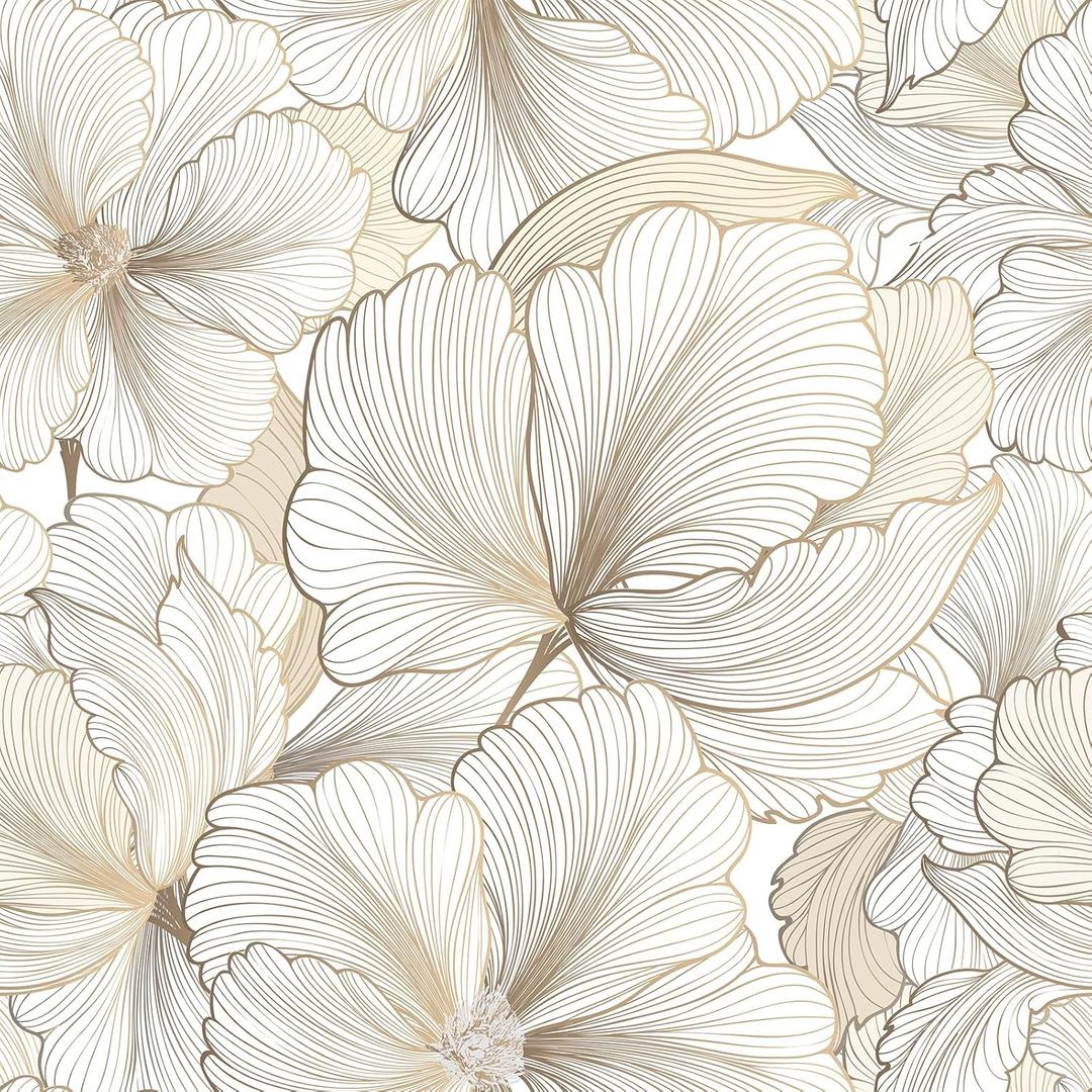 FunStick 17.5"x590" Gold White Floral Peel and Stick Wallpaper Vinyl Floral Wall Art Neutral Wallpaper for Bedroom Living Room Renter Friendly Tan Gold & White Contact Paper Floral Leaves Waterproof