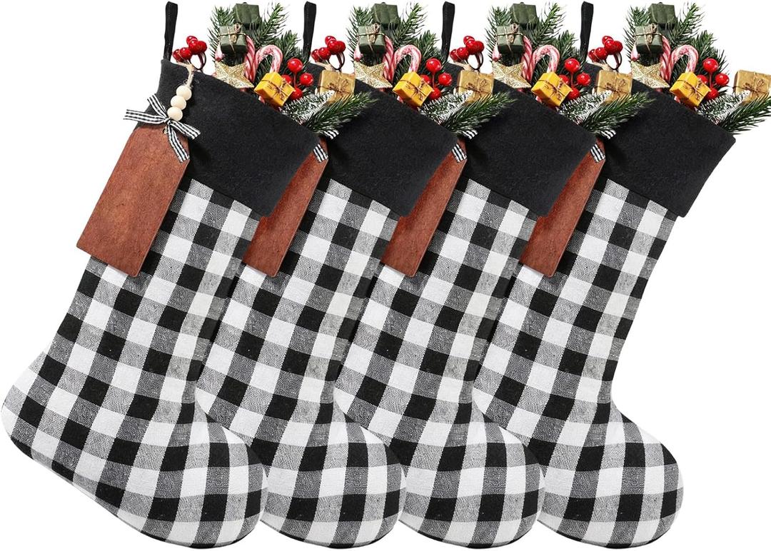Aoriher 4 Sets Christmas Buffalo Plaid Stockings with DIY Wood Name Tags, 18 Inch Large Xmas Stockings Hanging Decorations with Tags for Christmas Fireplace Decor(Plaid,Black White B)