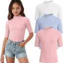 LessonZoo 3 Pack Girls' Shirts Teen Summer Tops Mock Turtleneck Slim Fit Ribbed Half Sleeve Fashion Tees Kids Clothes Trendy(Light Pink, Light Blue, White,11-12 Years)