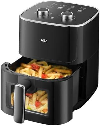 ASZ 5qt Air Fryer Compact Knob Black for dorm office - 4.7L Airfryer with Window 1400W Visual Basket - Non-Stick Pan, Manuel Control Max 60s Timer & 400℉ Kitchen Airfry Countertop Gift