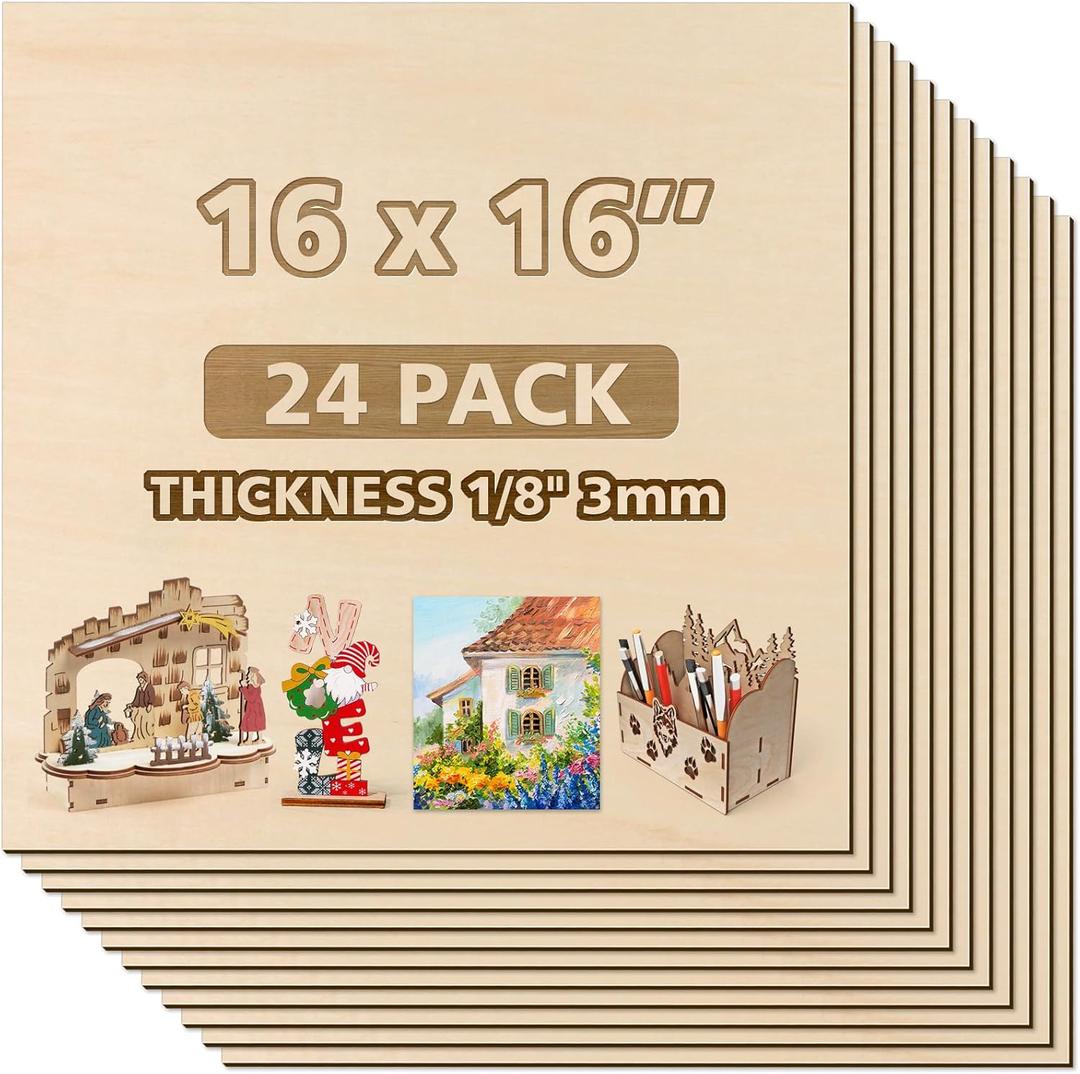 Adrattnay 24Ps Basswood Sheets 16 x 16 x 1/8- 3mm Plywood Sheets for Laser Cutting and Engraving, 1/8in Large Basswood Unfinished Laser Wood for Model Crafts and DIY Ornaments (24PACK)
