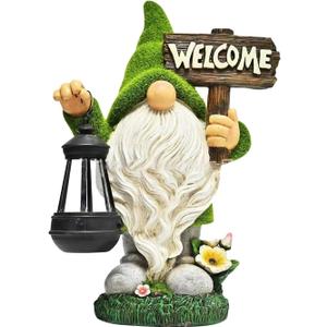 Garden Gnome Statue Outdoor Decor Large Flocked Resin Gnome Figurine with Solar Light Holding Lantern Welcome Sign Garden Yard Decorations Dwarf Sculpture for Outside Patio Porch Lawn Decor.