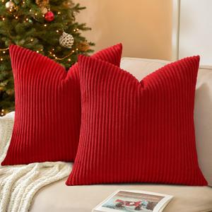 Mecatny Christmas Decorative Corduroy Throw Pillow Covers 18x18 Set of 2 for Sofa Living Room, Soft Neutral Boho Couch Pillow Covers for Home Decor, Christmas Red