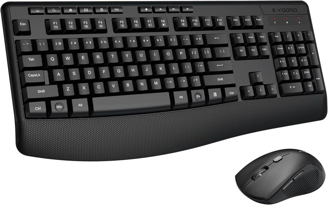 Wireless Keyboard and Mouse Combo, E-YOOSO 2.4GHz Full Sized Ergonomic Wireless Keyboard with Wrist Rest, 3 DPI Adjustable and 6 Buttons Cordless USB Mouse for Computer, Laptop, PC, Windows (Black)