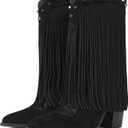 CYNLLIO Fringe Cowboy Boots for Women Cowgirl Western Mid Calf Pull On Boot Pointed Toe Chunky Heel Vaqueras Botas w/Embroidery Studded for Country Concert Rodeo, Size 8.5