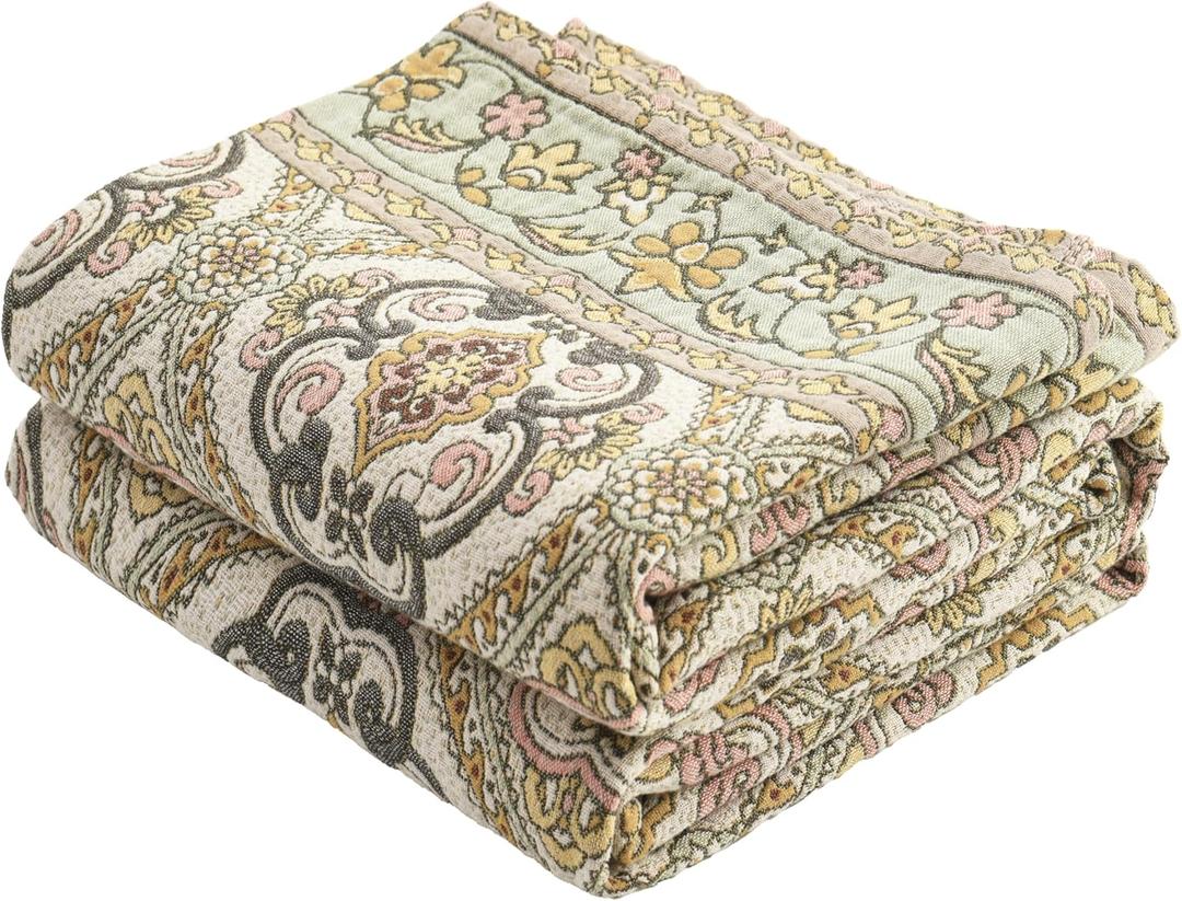 Boho Throw Blanket 80" x 90", 100% Organic Cotton Breathable Skin-Friendly Ultra Soft Bed Quilt Throw - Floral Rustic Decor Luxury Reversible Blanket for Sofa Couch Chair and Gift