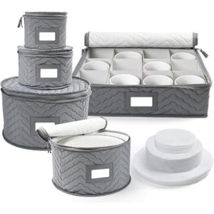 LotFancy China Storage Containers, Quilted 5-Piece Set Storage Box, Chinaware Dinnerware Dish Plate Mug Cup Storage Case, 48 Felt Protectors, Cardboard Dividers Included