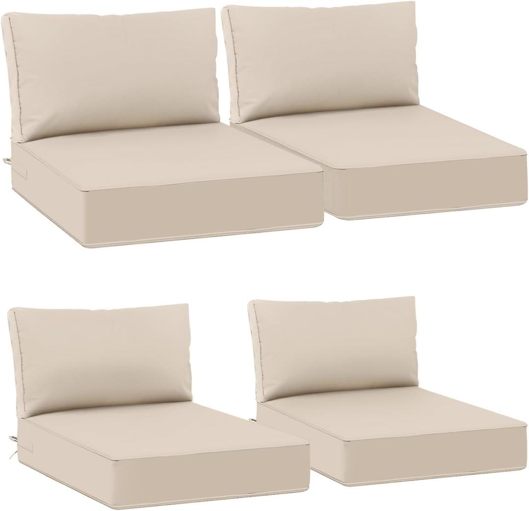 AAAAAcessories Outdoor Deep Seat Cushions, Waterproof, Fade-Resistant Patio Furniture Replacement Cushions, 25.5" x 25.5" x 5" + 25.5" x 13.5", Set of 4, Beige