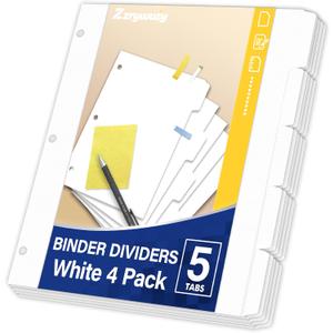 Binder Dividers with Tabs for 3 Ring Binder, 8.5 x 11 Paper Binder Dividers with Tabs 5 Tab Dividers for 3 Ring Binder, 4 Sets Page Dividers for School, Office and Home, 20 Dividers
