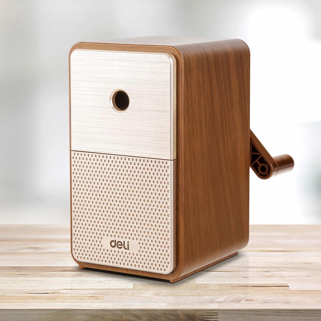 Deli Manual Pencil Sharpener - Auto-in Hand Crank with Adjustable Point for Colored Pencils, Kids, Students, Classroom, Home and Office, Brown