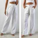 heipeiwa Women's Linen Casual High Waist Wide Leg Straight Dress Cotton Linen Pants Button Trousers (White)
