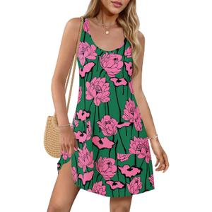 Wenrine Womens Summer Dresses Casual Floral V Neck Sleeveless Loose Boho Beach Tank Dress Sundress with Pockets (Small, Green)