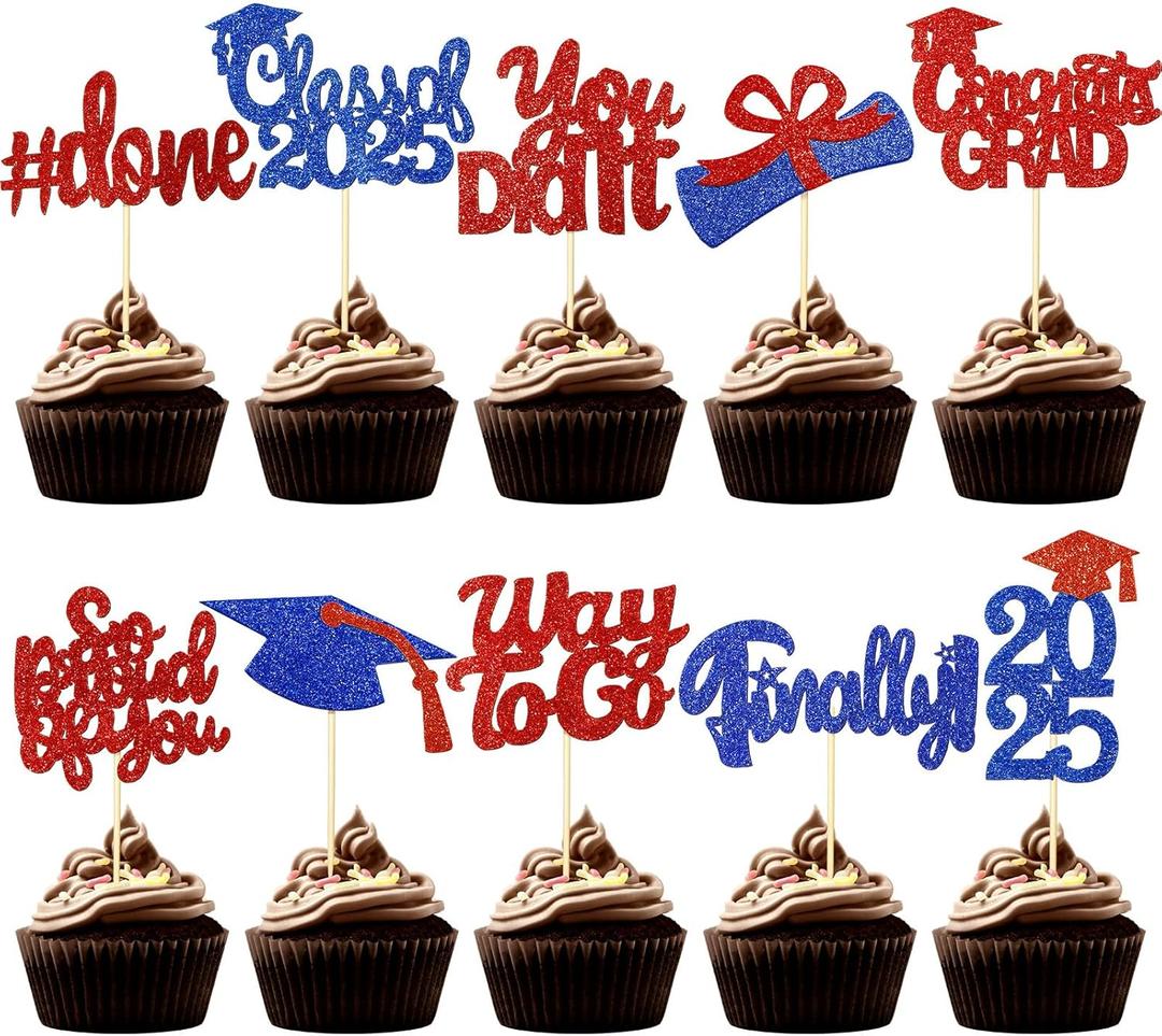 100 Pcs Graduation Cupcake Toppers Congrats Grad Class of 2025 Graduation Cupcake Picks Toppers Diploma Supplies for Party Decorations(Red, Blue)