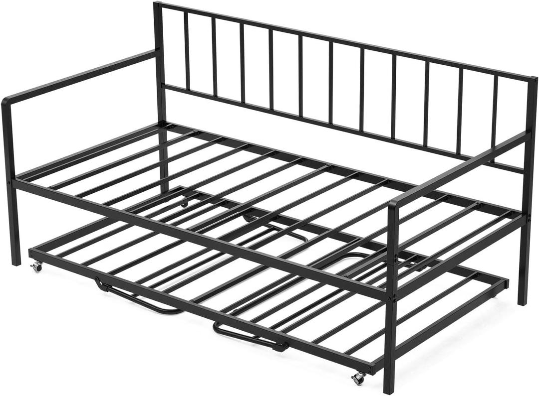 VEVOR Twin Size Daybed Frame, Height Adjustable Day Bed with Trundle, Heavy Duty Metal Platform Bed Frame with LED Light and Charging Station, Twin Daybed with Metal Slats for Living Room, Bedroom
