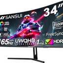 SANSUI 34-Inch Curved Gaming Monitor UWQHD 3440 x 1440 165Hz Curved 1500R - PIP/PBP, 1ms(MPRT), HDR, 300nits, sRGB 125%, DCI-P3 95%,FreeSync,HDMI x2,DP1.4 x2 (ES-G34C5 DP Cable Included)