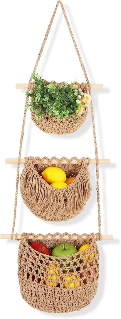 3 Tier Hanging Fruit Basket, Wall Hanging Vegetable Fruit Baskets Cotton Woven Storage Baskets for Organizing, BOHO Wall Basket Decor, Over the Door Organizer for Kitchen, Bedroom, Bathroom