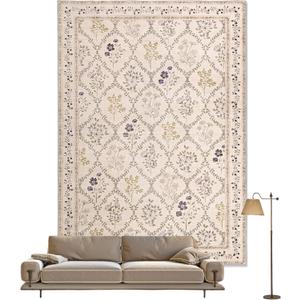 YIHOUSE Washable 5x7 Area Rugs for Bedroom Girls, Beige Floral Rug for Living Room Non Slip Ultra-Thin, Large Boho Carpet for Entyway, Kids Playroom, Classroom, Dorm, Nursery Decor