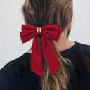 2Pcs Velvet Hair Bows Set  Red & Black Elegant Bow Clip & Long Ribbon Hair Clip, Personalized Hair Accessories for Women, Girls & Kids, Gift for Weddings, Birthdays, Christmas-J