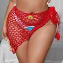 ZAFUL Crochet Sarong Coverups for Women Beach Vacation Starfish See Thru Tie Side Bathing Suit Cover Up Mini Skirt (Red)