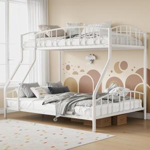 Garvee Bunk Bed Twin Over Full with Ladder and Guardrail for Kids, Adults | Heavy Duty Metal Bunk Bed Frame, Sturdy Steel Slats Support, Small Space Saving Design, No Box Spring Needed, White