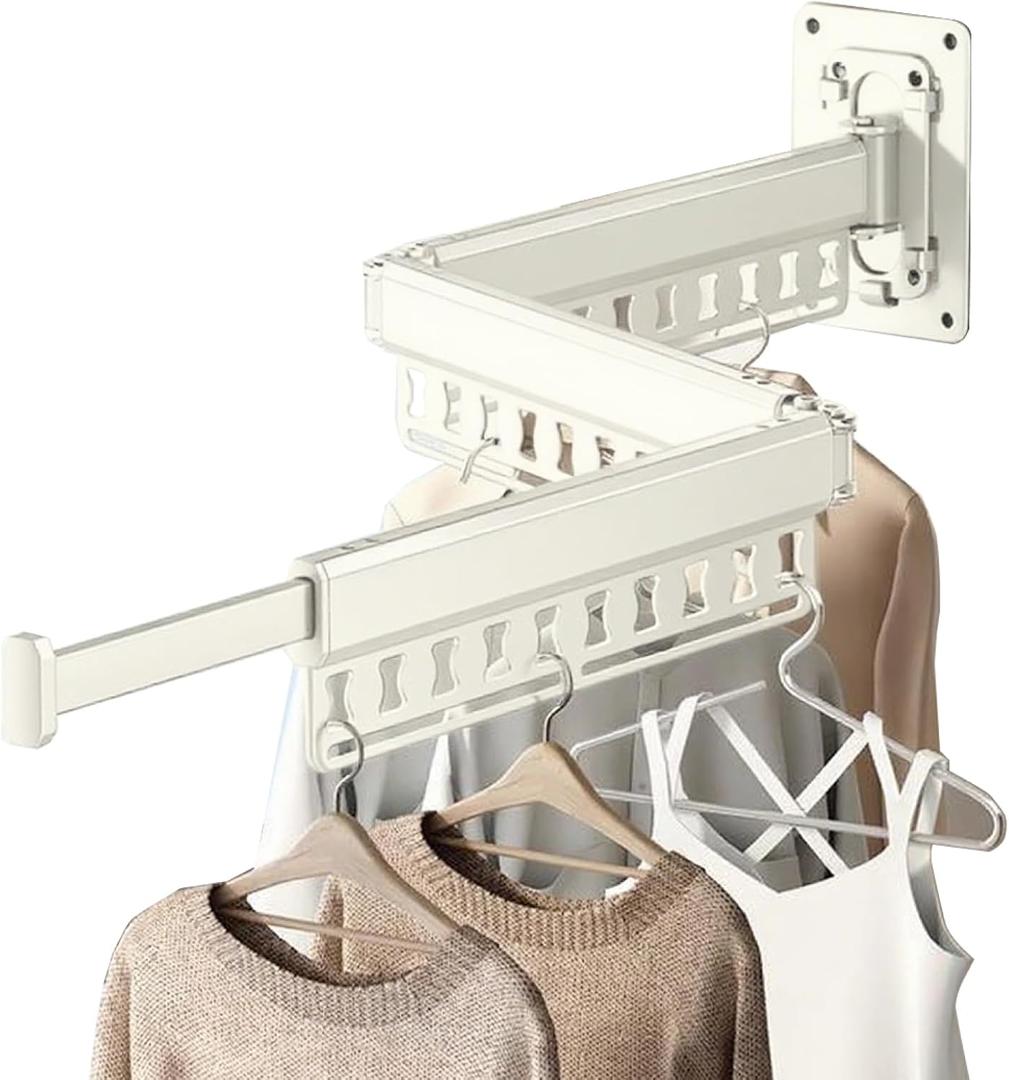 Clothes Drying Rack Wall-Mounted, 3-Fold Retractable Clothes Hanger with Windproof Holes & Detachable Design, Sturdy Foldable Laundry Rack for Balcony, Bathroom Use (Cream White) (49.21"D x 3.54"W x 5.51"H)