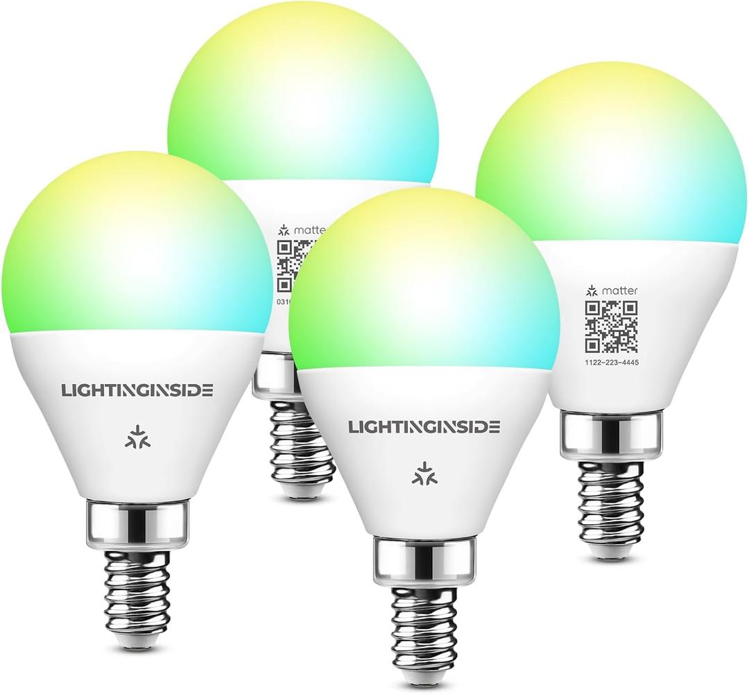 Lightinginside E12 Matter Smart Light Bulbs Compatible with Alexa/Siri/Apple Home/Google Home/SmartThings, G16.5 RGBCW Candelabra Ceiling Fan Bulb, 50W Equivalent 5W 550LM, 2.4G WiFi, ETL Listed, 4PCS