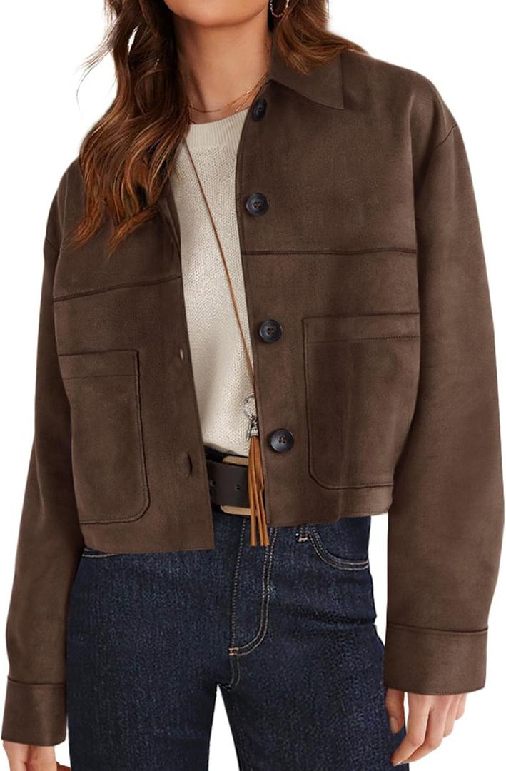 PRETTYGARDEN Women's Faux Suede Cropped Jacket Casual Lightweight Fall Fashion 2026 Winter Coats Outerwear Trendy Clothes (Brown, M)