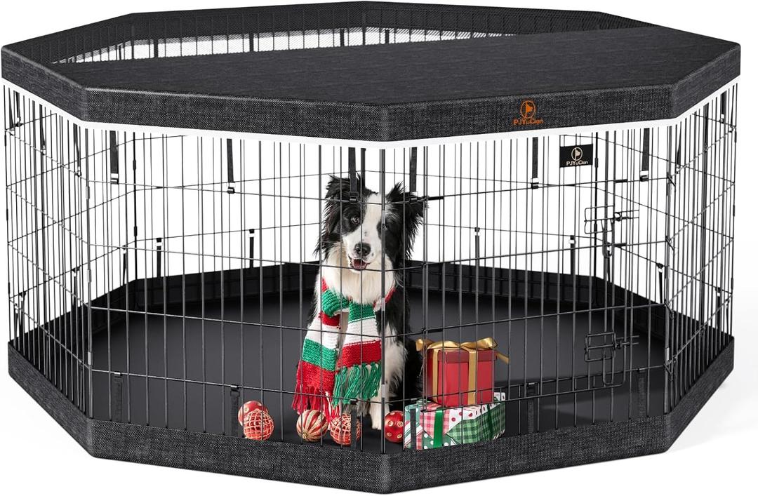 PJYuCien Dog Playpen, 8 Panels 30H Dog Pens Indoor with Bottom Pad and Top Cover, Metal Foldable Pet Puppy Exercise Fence Crate Kennel, Better for Small Animals, Black (30"H, Black)