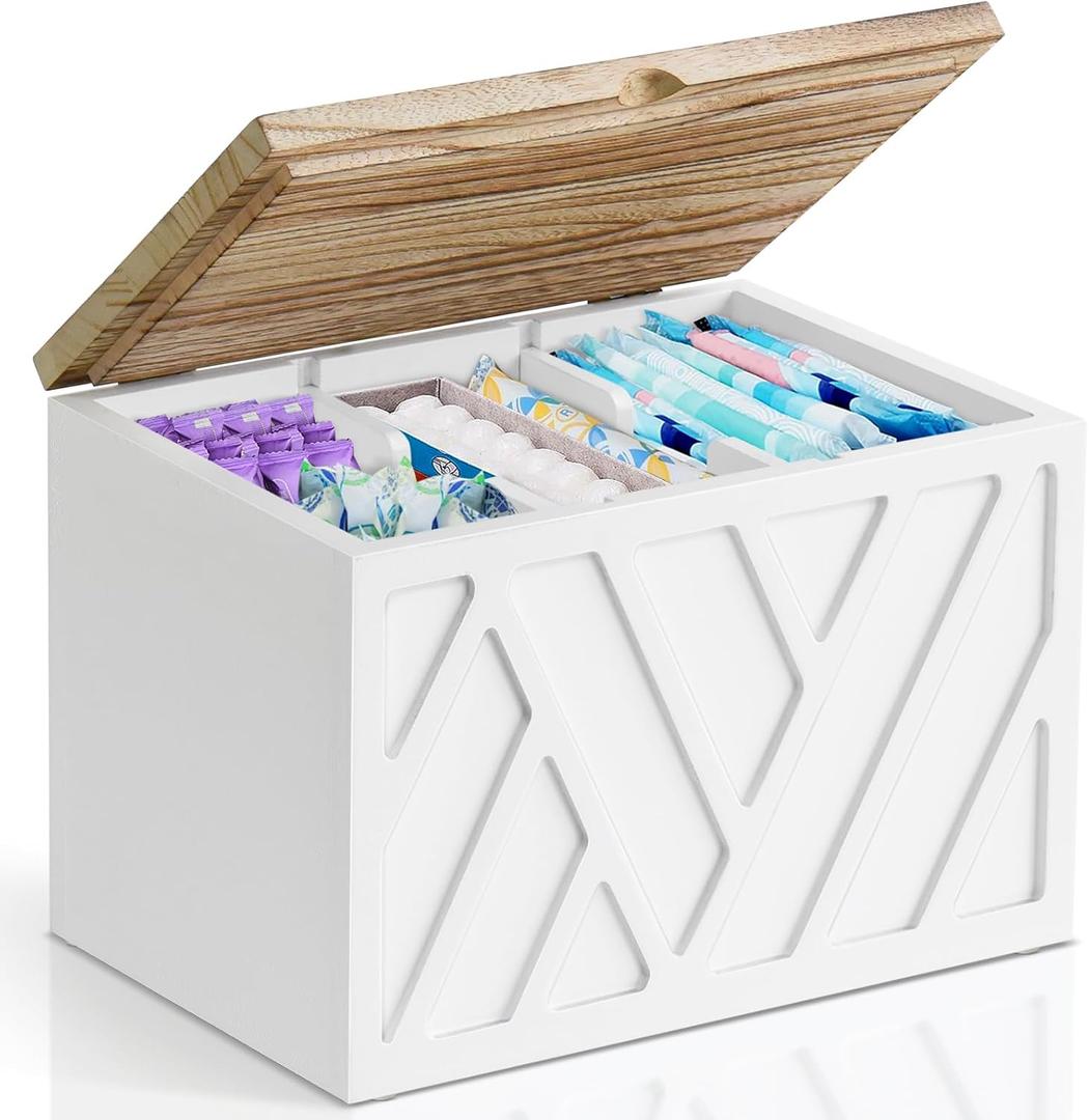 Tampon Holder for Bathroom Decor, Feminine Product Organizer with Lid, Shark Week Tampon Storage, Wood Pad and Tampon Organizer for Toilet Organizer, Bathroom Accessories Box for Girl Stuff (1Pcs-White)