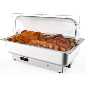 9QT Electric Chafing Dish Set for Buffet with Temperature Control, Roll Top Stainless Steel Buffet Servers and Warmers with Transparent Lid for Catering and Parties (1 x 1/1 Pan)