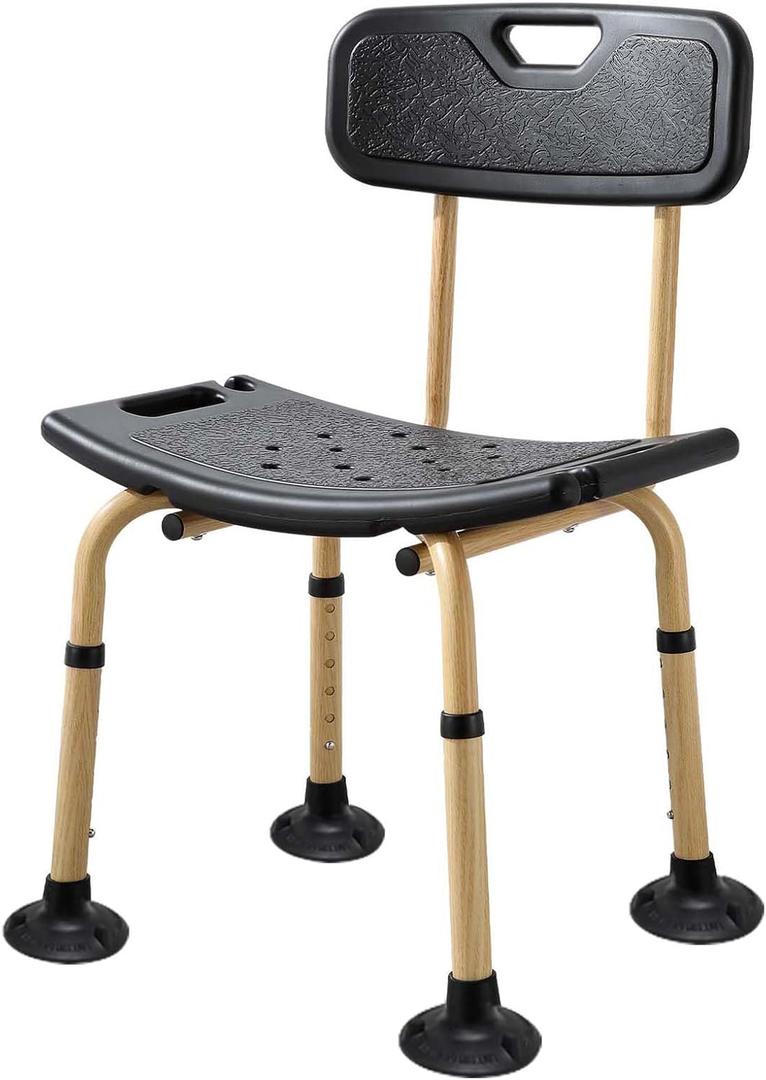 Shower Chair for Elderly and Disabled - Heavy Duty Shower Seat with Adjustable Back Rest, 350lbs, Wooden Safe and Comfortable Shower Bench, Senior Bathroom Stool