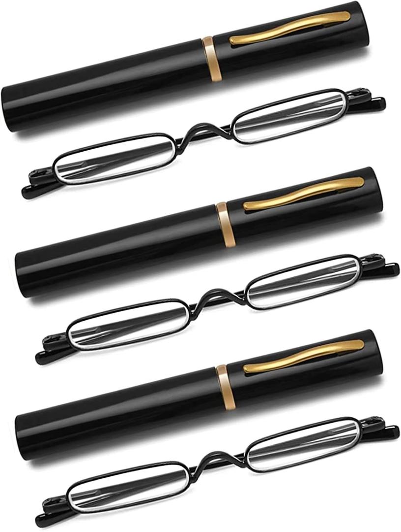 3 Pack Slim Pen Reading Glasses Metal Frame & Case Compact Portable Spring Hinge Eyeglasses for Women Men (Black, +2.50)