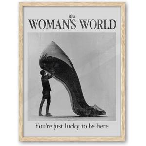 iHery Natural OAK Wood Woman's World Framed Wall Art, 12x16 in Retro Feminist Modern Hot Girls Canvas Wall Art, Trendy Black High Heels Bedroom Decor, Set of 1 For Bathroom Living Room