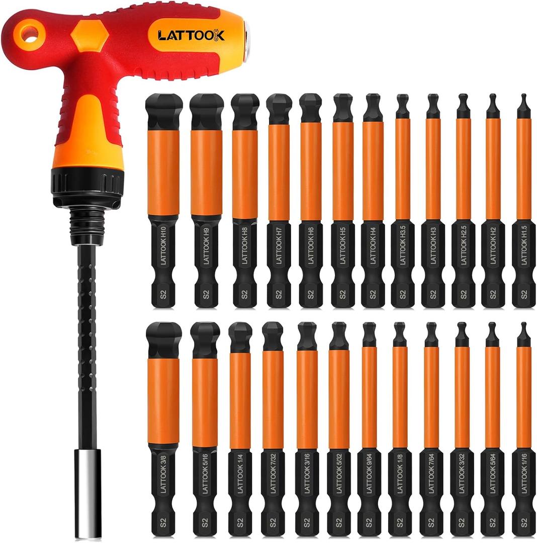 Ball End Hex Head Allen Wrench Drill Bit Set with T Handle Ratchet Driver, 24PCS Metric & SAE Ball End Hex Bit Set Allen Key Bit Set Hex Key Drill Bit Set with T Handle, S2 Steel, 2.5'' Long
