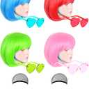 LOHO MAGICA 4 Pack Colored Wigs Neon Colorful Wig Short Bob Hair Wig Neon Fun Party Wig Costume Wigs with Heart Sunglasses(Blue, Red, Green, Pink)