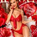 RSLOVE Women Sexy Lingerie Set Satin Bow Tie 2 Piece Bra and Panty Sets (Red, L)