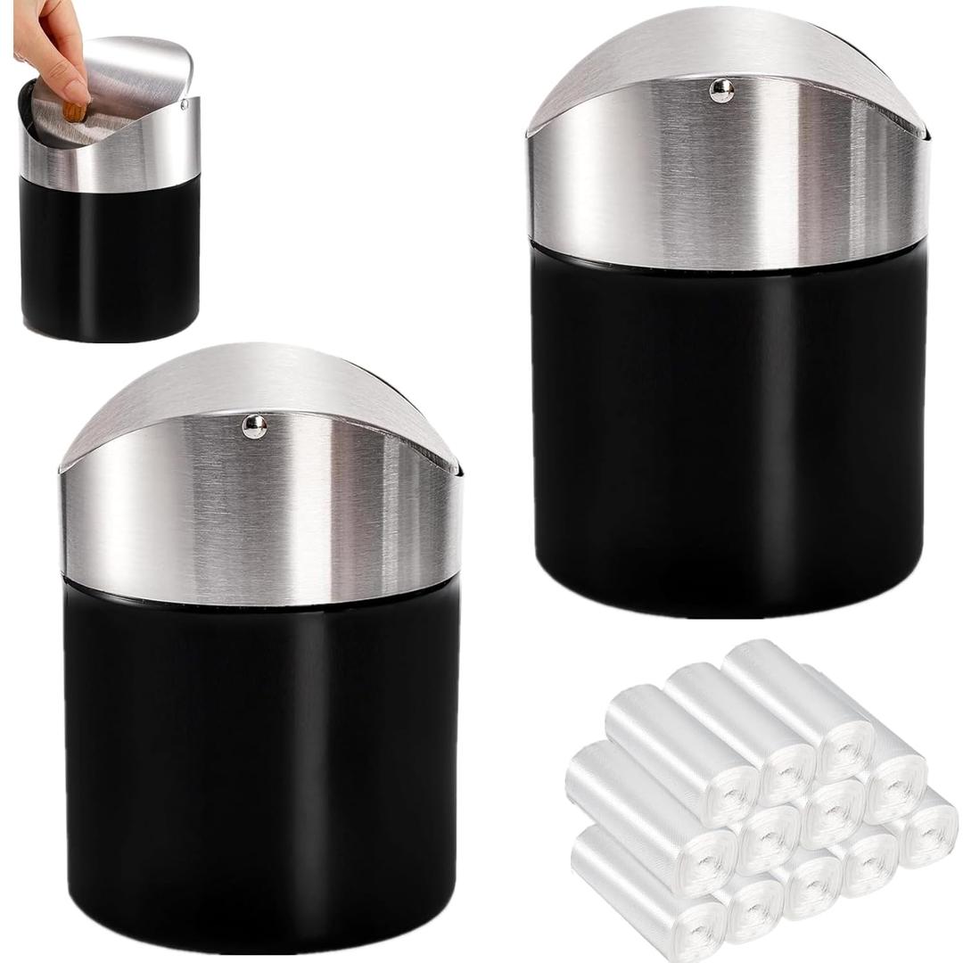 2 Pack Mini Trash Can for Desk, Swing Lid Brushed Stainless Steel Countertop Garbage Bin with 12 Rolls Bags, Modern Tiny Waste Basket for Vanity, Makeup Tabletop, Office Desk, Coffee Table