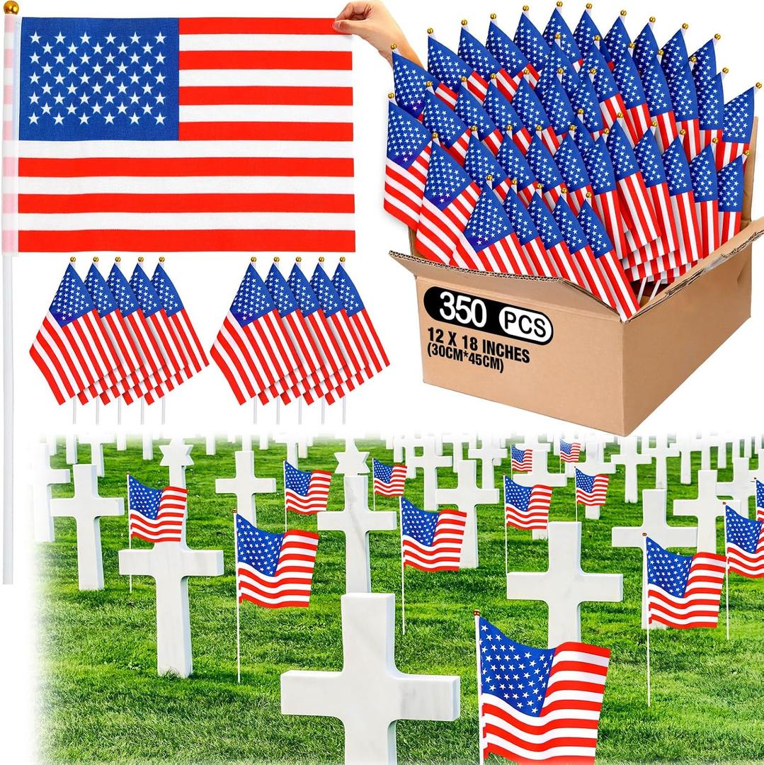 SmoothNovelty 350 Pcs 12 x 18 Inch American Flags on Stick Large American Flags for Outside 4th of July USA Flag for Yard Outside Classroom Flag Memorial Flags for Cemetery Lawn