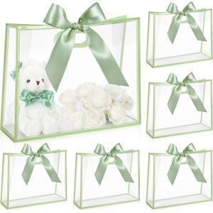 Aliceset 12 Pcs Clear Plastic Gift Bags with Die Cut Handles Reusable Gift Wrapping Bag with Ribbon for Wedding Graduation Bridal Shower Baby Shower, 12 x 10 x 5''(Sage Green)