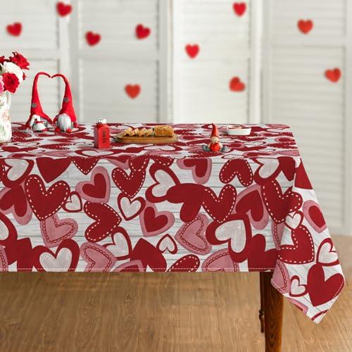 Horaldaily Valentine Tablecloth 60×84 Inch Rectangular, Red Love Hearts White Wood Washable Table Cover for Party Picnic Dinner Decor