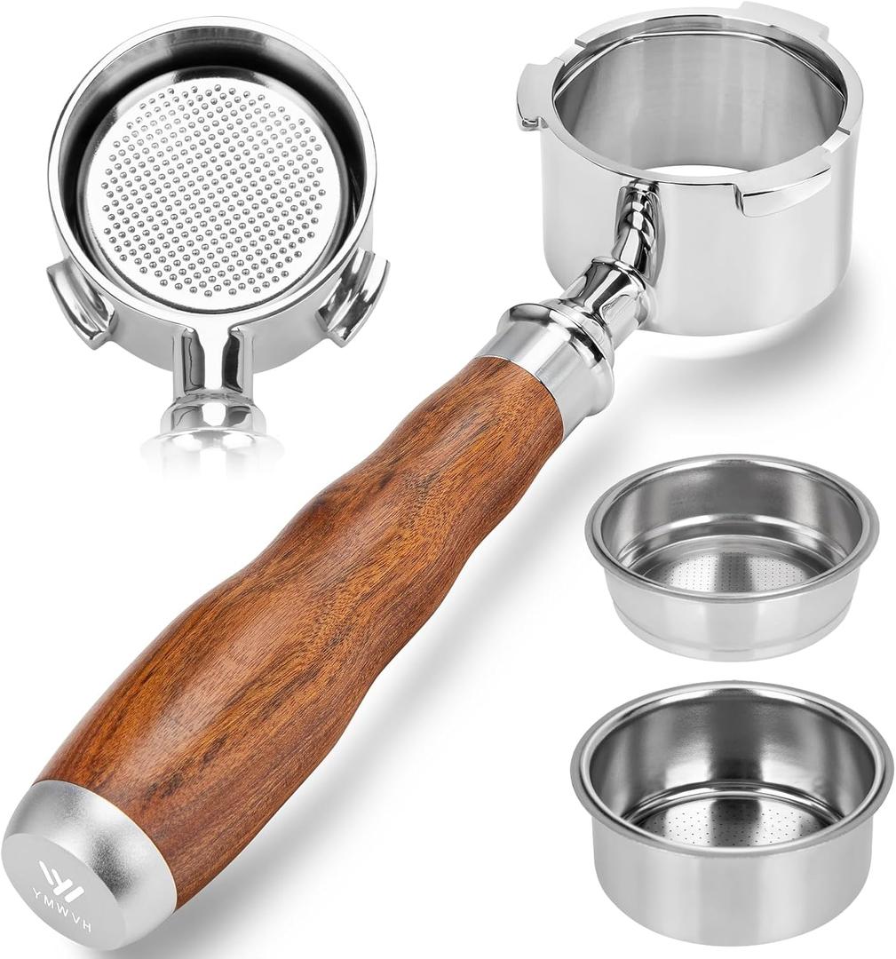 51mm Bottomless Portafilter 3 Ears with 2 Filter Baskets(Single+Double Shots), 100% Stainless Steel Portafilter Compatible with De-longhi Dedica EC680, EC685 & EC885 Espresso Machine,Walnut Handle