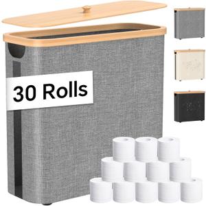 Toilet Paper Storage with Bamboo Lid, 33.8L Foldable Toilet Paper Basket Organizer Holder for up to Regular 30 Rolls Or 12 Mega Rolls, Waterproof Free Standing Toilet Paper Holder for Bathroom, Grey