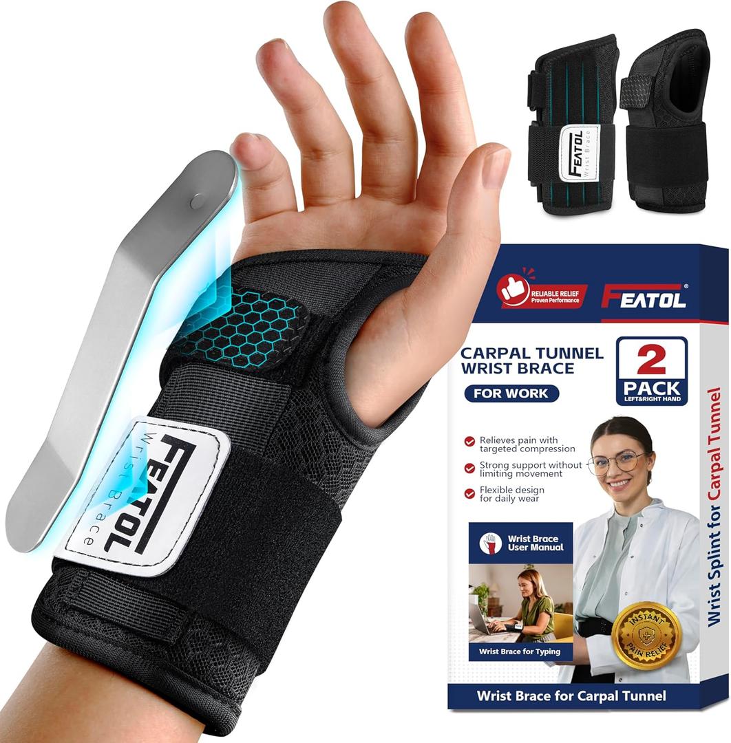 FEATOL 2 Pack Carpal Tunnel Wrist Brace For Work With Wrist Splint, 6.5'' Wrist Brace Night Support For Women Men, Pain Relief For Tendonitis, Arthritis, Pregnancy, Typing, Right and Left Hand, Medium