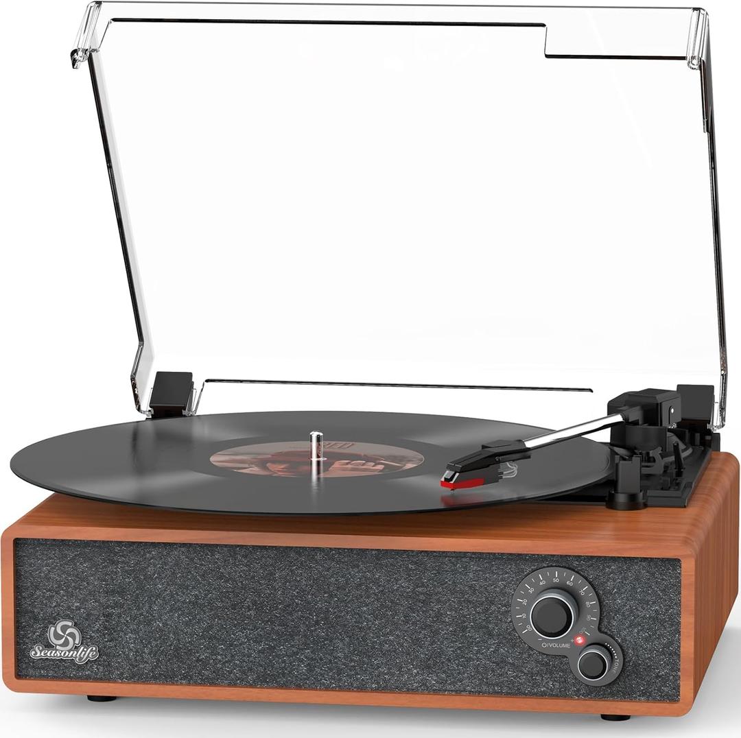 Vinyl Record Player Built-in Stereo Speakers Vintage Turntable Vinyl Records LP Phonograph Belt Drive 3 Speed 3 Size Support Wireless Input RCA Output Auto Stop Tone Adjustment Retro Wooden Walnut Red