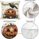 Halloween Throw Pillow Covers Set of 2  18x18 Inch Happying Haunting Quote Crow and Pumpkin Design, Double-Sided Print Decorative Cushion Covers for Couch Sofa Bed, Rustic Gothic Fall Decor