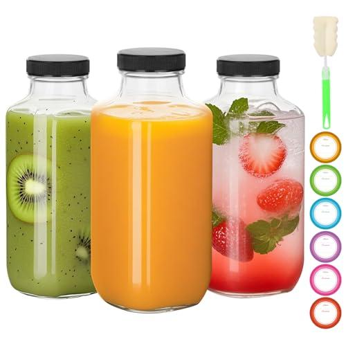 BIGIVACA 16 oz Glass Juice Bottles with Lids,3 PACK Bottles for Juicing,Square Drinking Jars Glass for Coffee,Cola,Milk,Tea in Travel,Work,School